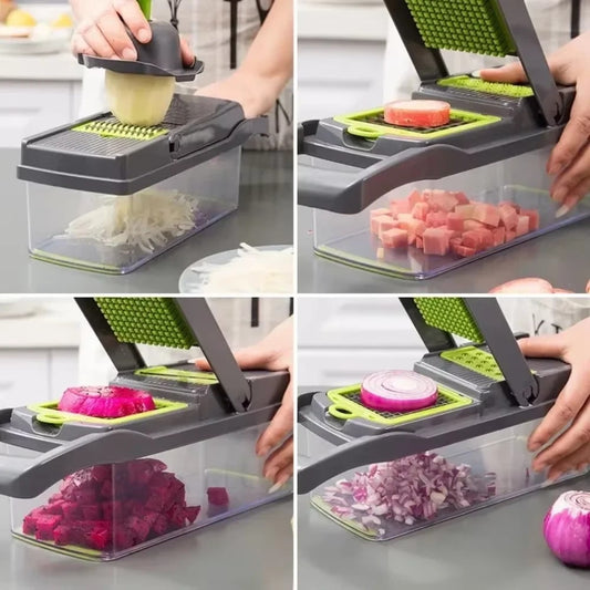 Four photos showing the vegetable chopper slicing a potato, dicing cured meat, dicing dragon fruit, and dicing a red onion into its attached collection container