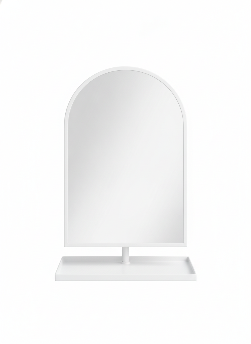 Arched Metal Vanity Mirror, white powder-coated steel, front view