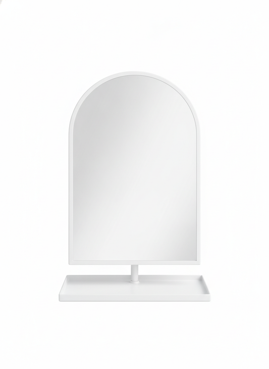Arched Metal Vanity Mirror, white powder-coated steel, front view